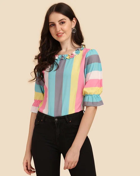 WEDANI Striped Ruffle-Neck Top | WOMEN