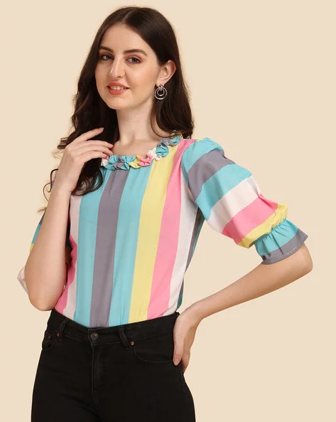 WEDANI Striped Ruffle-Neck Top | WOMEN