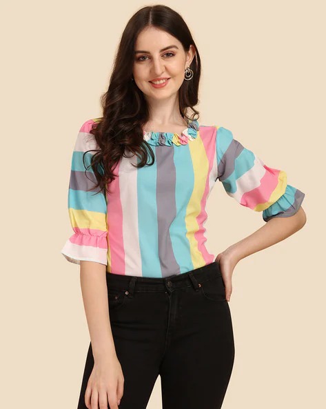 WEDANI Striped Ruffle-Neck Top | WOMEN