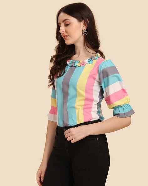 WEDANI Striped Ruffle-Neck Top | WOMEN